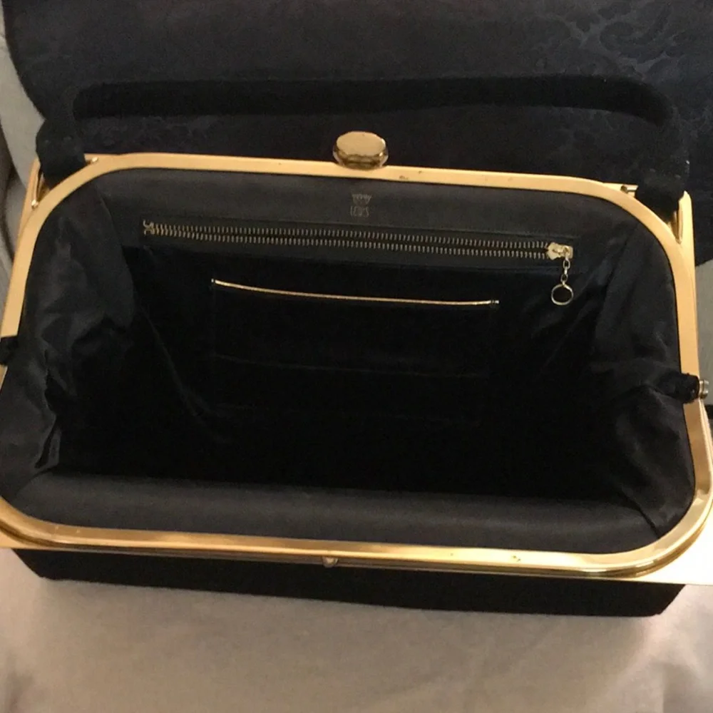Classic Black Velvet Evening handbag with Gold Accent with fabric lining.